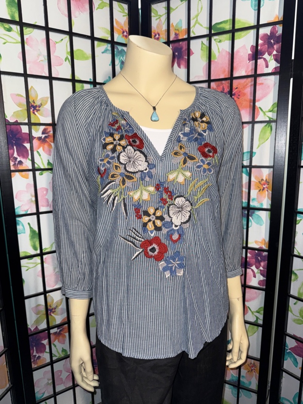 Velvet Striped Floral Embroidered V-Neck Women’s Top